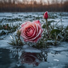 A blooming rose breaking through icy grass, symbolizing rebirth, with melting ice over the lake.