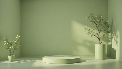 Minimalist 3D rendering product display platform. Simple, clean podium, display, clean and tone on tone background. Green, plants Minimal empty green  room background. Modern studio