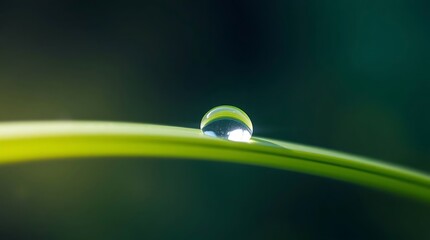 Photo Depicting Simple Nature Elements A Close-Up Shot Of A Dewdrop On A Leaf, Sunlight Reflecting, Minimalist Style, Muted Greens And Blues, Shallow Depth .