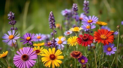 Obraz premium Photo Depicting Simple Nature Elements A Collection Of Colorful Wildflowers In A Meadow, Various Hues Of Purples, Yellows, And Reds, A Shallow Depth Of Fiel.