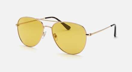 an image of a pair of elegant aviator sunglasses featuring a sleek gold frame and gradient yellow tinted lenses.