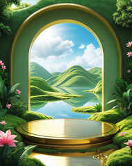 Dreamlike Gateway to a Lush Green World for skincare product background