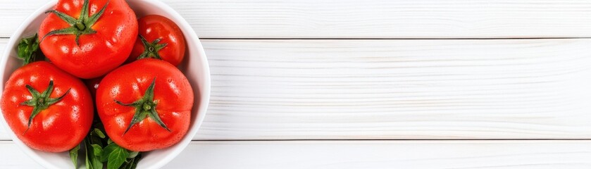 A white bowl filled with fresh, ripe red tomatoes resting on a wooden surface, showcasing vibrant colors and healthy ingredients.