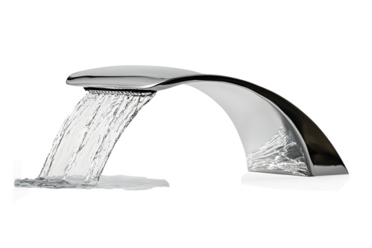 Modern elegant curved design chrome faucet with flowing water and splashing drops isolated on cut out PNG or transparent background. Water tap faucet. Flow water in bathroom with sink. Modern clean.