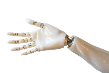 Cyborg hand finger pointing technology of artificial intelligence isolated on cut out PNG or transparent background. AI 3D work at support job futuristic. With detailed textures and realistic lighting