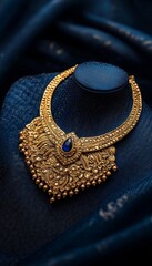 Fototapeta premium Indian Gold Bridal Jewelry on a Navy Blue Textured Surface with Lehenga generative ai 