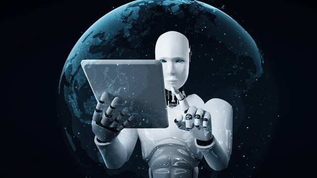Futuristic robot artificial intelligence huminoid AI programming coding technology development and machine learning concept. Robotic bionic science research for future of human life. 3D rendering.