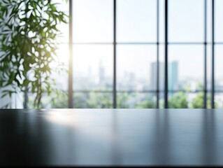 Minimalist Black Table with Blurred Window and Minimalist Black Table with Blurred Window and Green Plant, Panoramic Windows in Modern Office Interior, Sunlight and City View, Banner for Advertising o