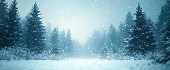 Fototapeta premium Snowy Winter Landscape with Evergreen Trees and Gentle Snowfall in Blue Hued Moody Ambiance