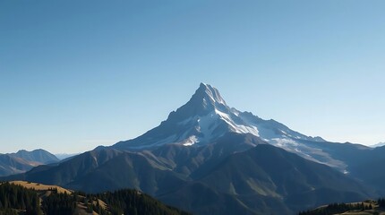 Photo Displaying Simple Nature Elements  A Majestic Mountain Peak, Clear Sky, Sharp Lines, Emphasizing Scale And Grandeur, Panoramic View,  Crisp Details An.