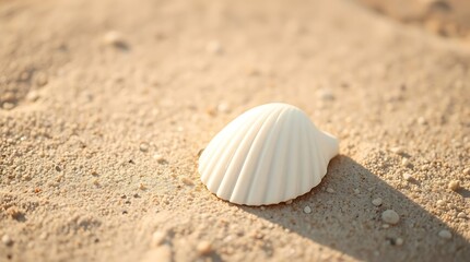 Photo Displaying Simple Nature Elements A Single, Perfectly Formed Seashell On A Sandy Beach, Warm Sunlight Illuminating The Shell, Creamy Whites And Beige .