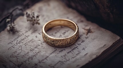 Antique Gold Filigree Ring on Aged Manuscript, Vintage Handcrafted Wedding Band with Ornate Floral Engraving, Elegant Heirloom Jewelry in Historical Fine Art Photography