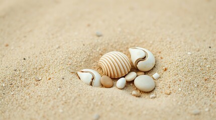 Photo Displaying Simple Nature Elements Sand, Shells, Pebbles.  Focus On Texture And Contrast.  Warm Beige, Brown And White Tones.  Minimalist Style, Shallo.