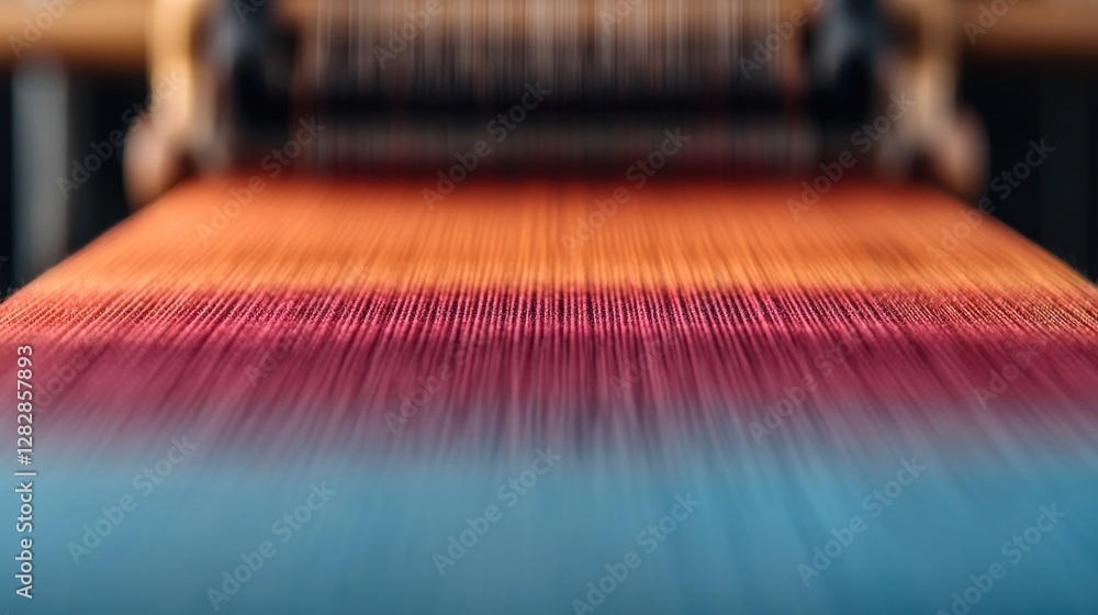 Aufkleber macro shot of traditional silk weaving loom in action with vibrant threads creating intricate patter