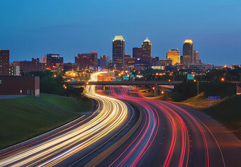 Fototapeta premium Cityscape at Dusk with Light Trails on Highway
