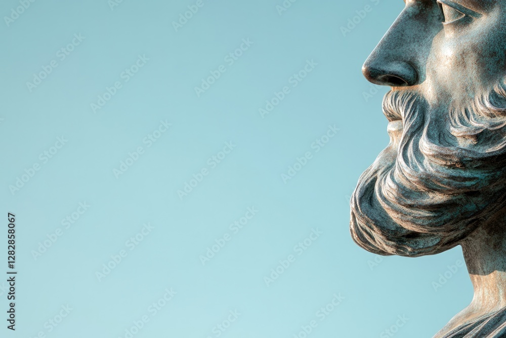 Poster macro shot of weathered bronze statue with textured details highlighted by soft natural light