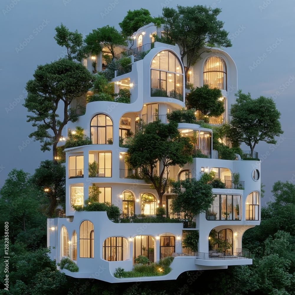 Poster a tall building with a lot of windows and trees on it