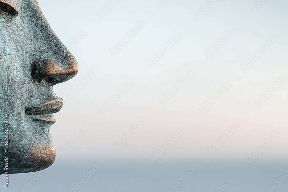 Poster macro shot of weathered bronze statue with textured details highlighted by soft natural light
