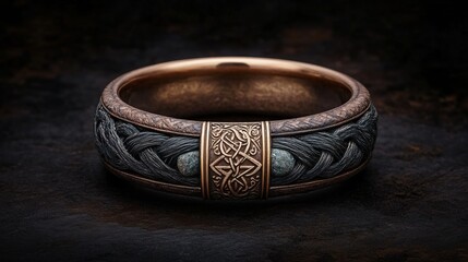 Ancient Celtic-Inspired Ring with Tree of Life and Rune Symbols, Handcrafted Gold and Enamel Band with Intricate Engraving, Mystical Fantasy Jewelry in Dark Moody Photography