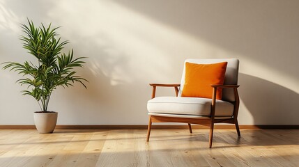 Beige Armchair with Orange Cushion in Minimalist Living Room