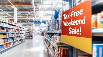 A sign in a grocery store that says Tax Free Weekend Sale