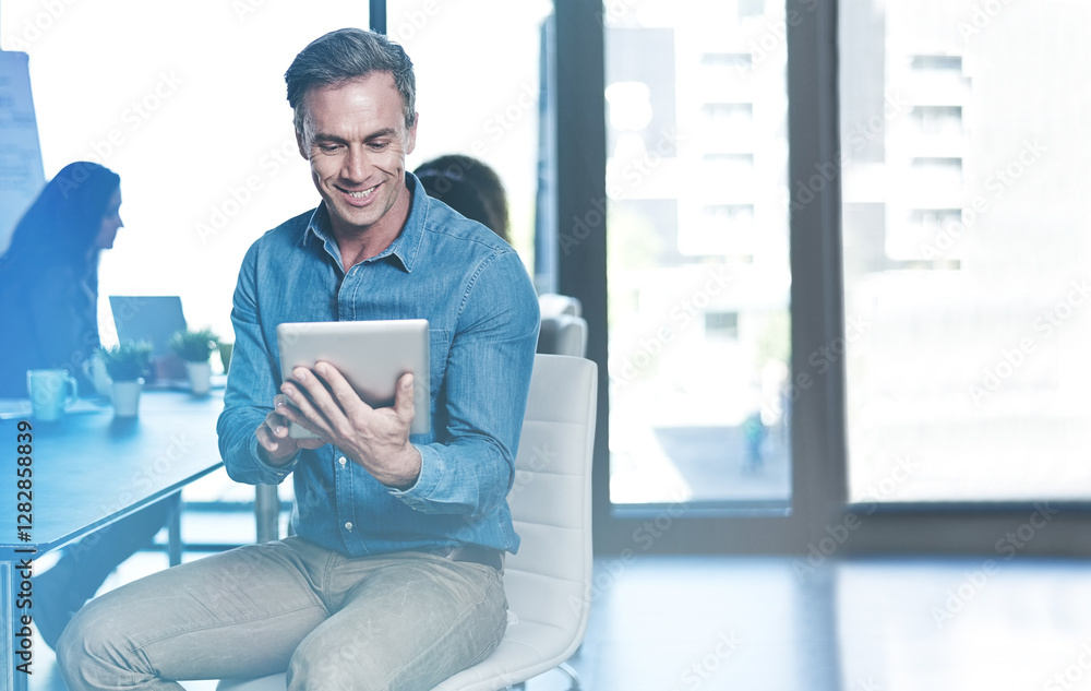Fototapete happy, research and man with tablet, office and software developer with skills for programming. busi