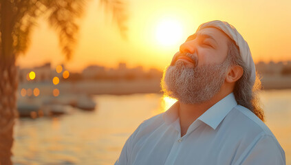 Middle-aged man with beard, enjoys sunset by river, peaceful evening, serenity, for meditation and relaxation website