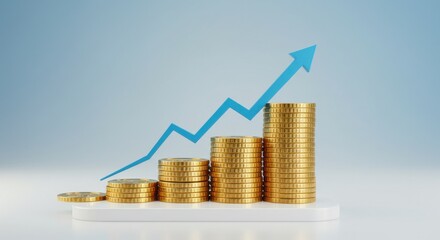 a stack of gold coins placed on a white base, with a blue upward arrow superimposed over them.