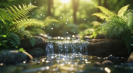 Fototapeta premium Serene Forest Stream Flows Gently Over Rocks, Sunlight Dapples Leaves, Creating Tranquil Scene in Nature.