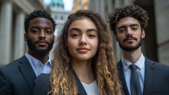 group of young attorneys in elegant business suits standing proudly in front of a historic courthouse symbolizing diversity legal expertise and teamwork in the corporate law industry