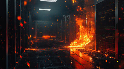 A high-tech server room engulfed in flames, with sparks flying from damaged hardware and thick smoke filling the space. The image captures the vulnerability of data centers to fire-related disasters. 
