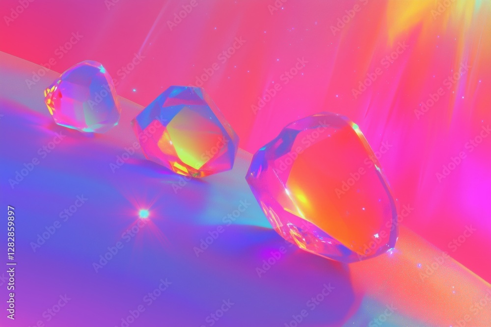 Poster three colorful, faceted gemstones arranged in a row against a vibrant, abstract background. the gems