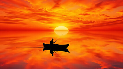 Obraz premium Dusk on the Lagoon: A Silhouetted Voyage Towards the Sun