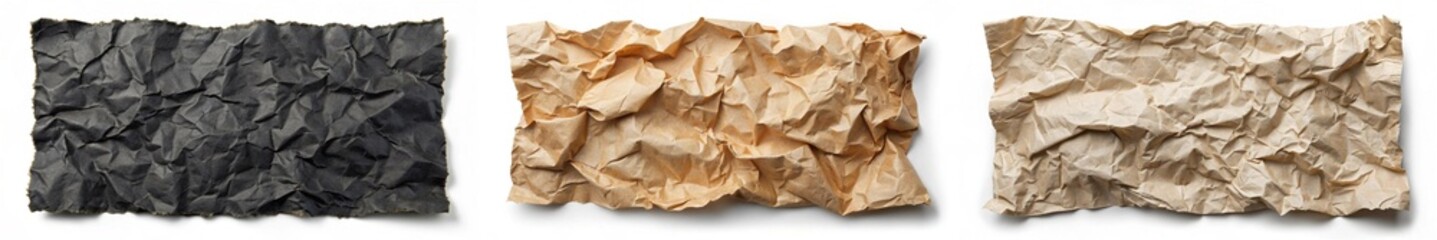 Obraz premium Three different colored pieces of paper with a crumpled texture. The colors are black, brown, and white