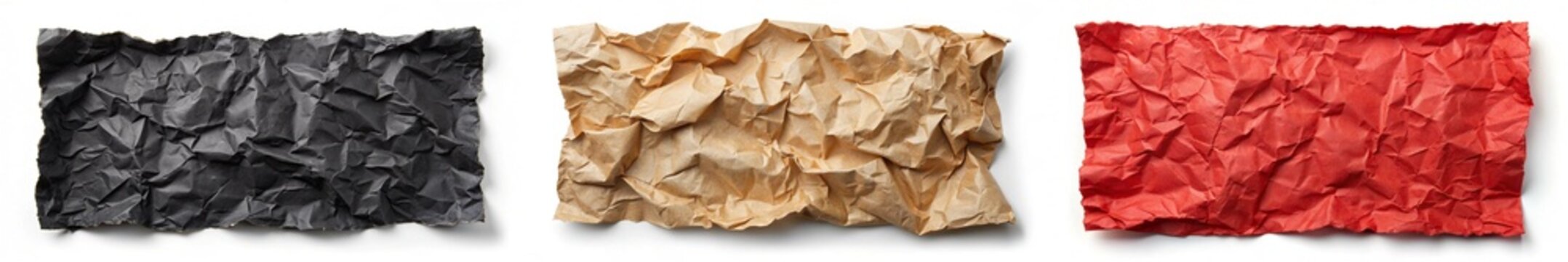 Three different colored pieces of paper with a red and black one in the middle. The paper is crumpled and has a rough texture