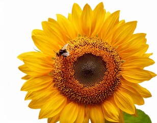 Obraz premium Gran girasol de color amarillo vibrante y una abeja en un fondo blanco aislado