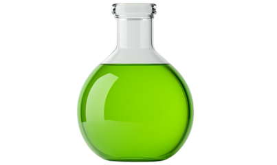Green liquid in flask, science isolated on transparent background