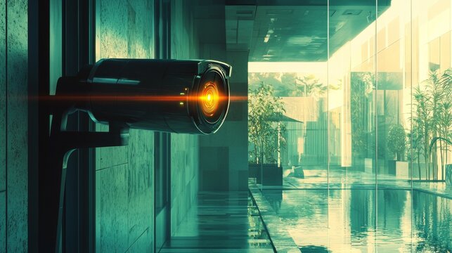 Futuristic surveillance camera overlooking modern indoor environment with tranquil water and lush greenery