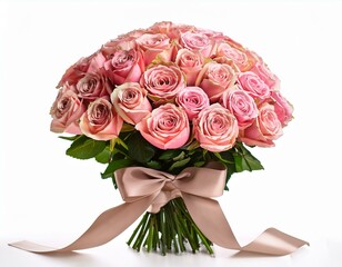 Ramo de hermosas rosas con un lazo,  buquet de rosas simple en un fondo color blanco liso