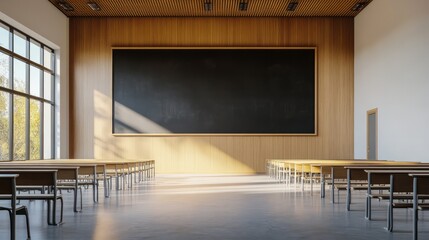 Blackboard without any writing, positioned on the wall of a quiet classroom, with a minimalistic and clean environment