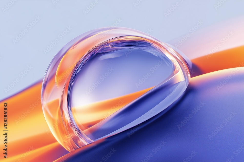Poster a close-up of a transparent glass orb resting on a smooth, colorful surface with gradients of orange