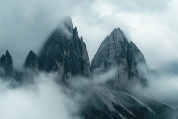Misty Dolomites peaks, clouds swirling, alpine landscape, travel poster