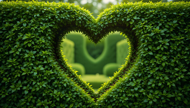 Lush Green Hedge with Heart-Shaped Cutout in Center, Symmetrical Garden Scene with Topiary Shapes and Greenery in Background