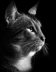 陰影が際立つ猫の横顔のモノクロ写真