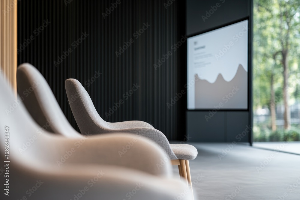 Poster modern meeting room with large screen displaying presentation on data analytics empty chairs creatin