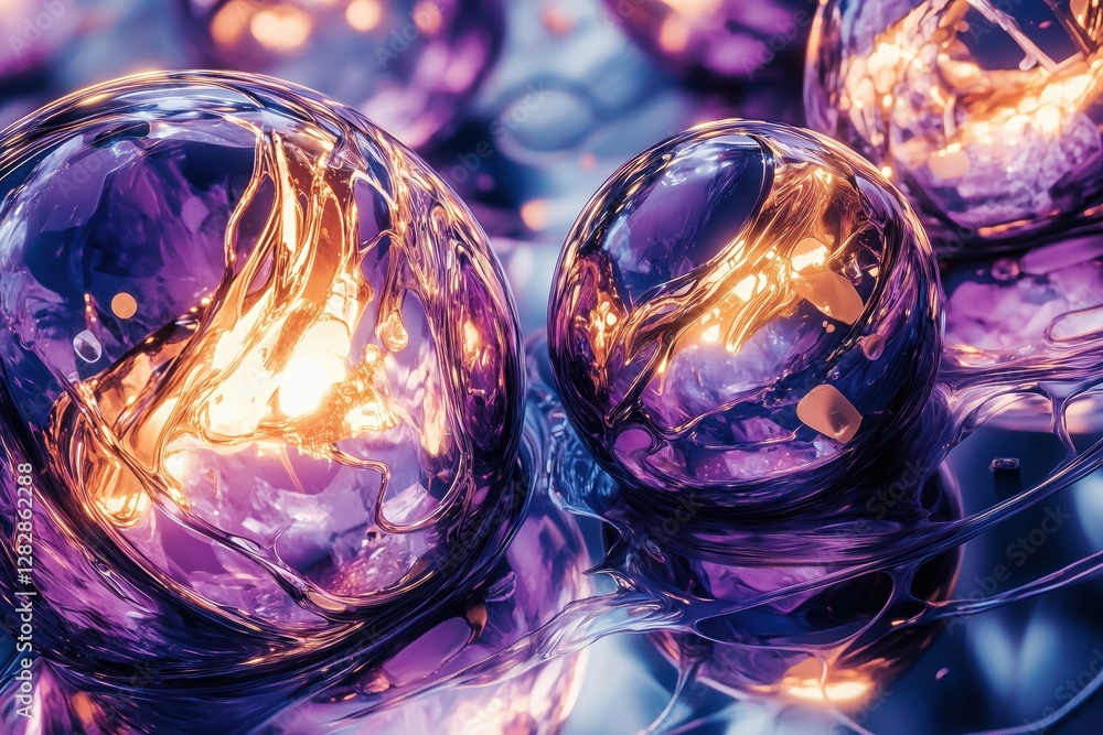 Poster a close-up view of colorful, translucent spheres with swirling patterns and glowing elements, set ag