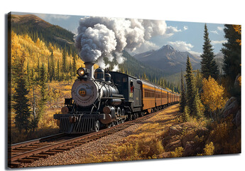 Fototapeta premium Steam Train Through Autumn Mountains