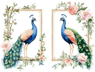 Two Peacocks in Elegant Ornate Frames with Roses