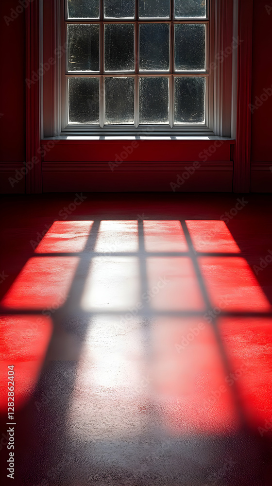 Aufkleber red room with sunlight streaming through window casting geometric shadow pattern on floor dramatic i