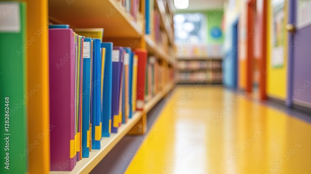 Poster a colorful library aisle with neatly arranged books on shelves, inviting reading and study.